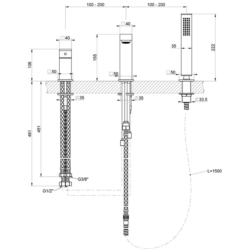 Immagine di Gessi RETTANGOLO gruppo bordo vasca 3 fori con bocca di erogazione, deviatore, flessibile 150 cm e doccetta anticalcare, colore nero finitura opaco 20037#299