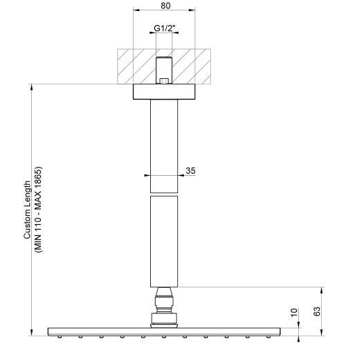 Immagine di Gessi RETTANGOLO SHOWER soffione anticalcare a soffitto, braccio altezza personalizzabile, finitura black metal PVD 15199#706