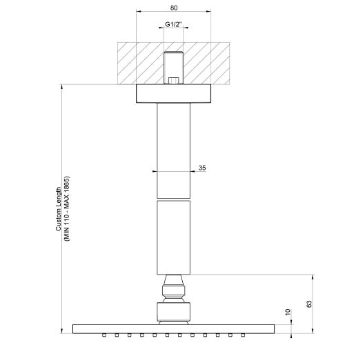 Immagine di Gessi RETTANGOLO SHOWER soffione anticalcare a soffitto, braccio altezza personalizzabile, finitura black metal brushed PVD 20150#707
