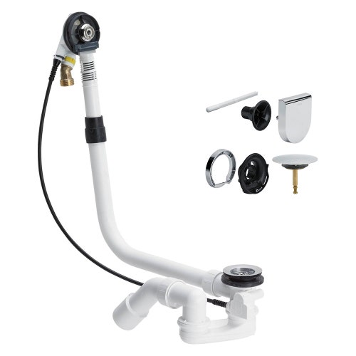 Immagine di Viega MULTIPLEX TRIO colonna scarico vasca automatica con erogazione dal troppopieno h 180-430 e accessori di completamento, finitura cromo 727970-724580