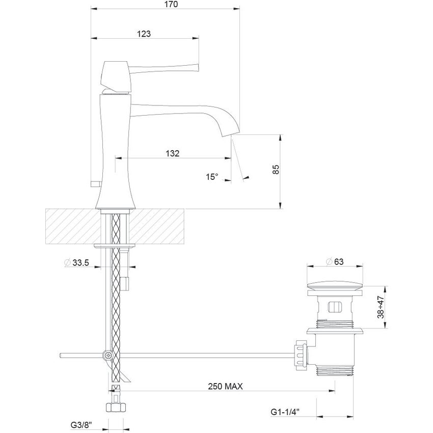 Immagine di Gessi MIMI miscelatore lavabo con scarico e flessibili di collegamento, finitura cromo 31101#031