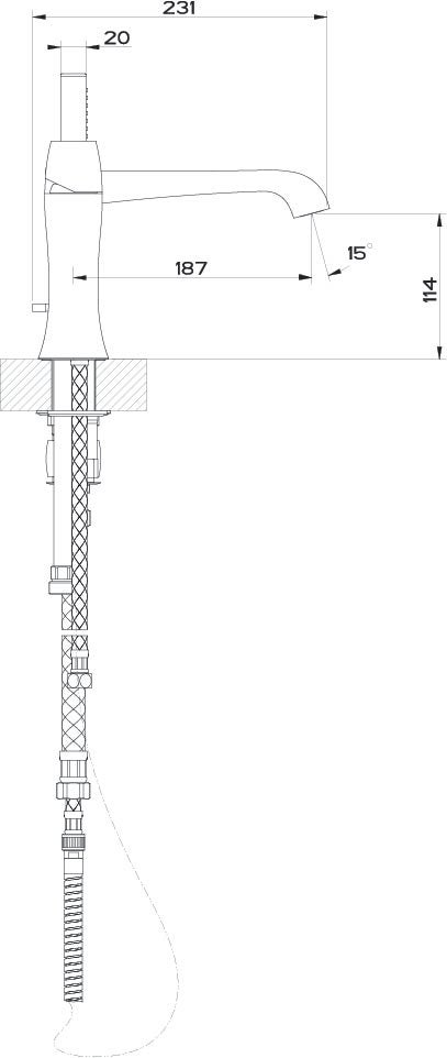 Immagine di Gessi MIMI gruppo bordo vasca 3 fori con bocca di erogazione, deviatore, flessibile 150 cm e doccetta anticalcare, finitura finox 31137#149