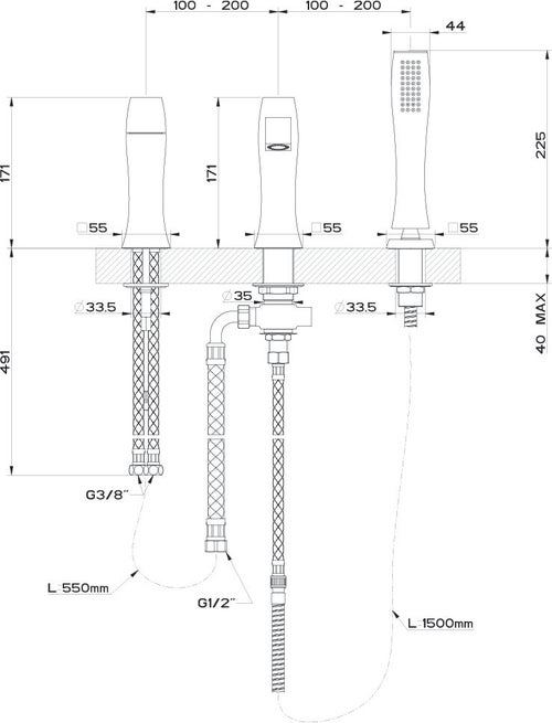 Immagine di Gessi MIMI gruppo bordo vasca 3 fori con bocca di erogazione, deviatore, flessibile 150 cm e doccetta anticalcare, finitura finox 31137#149