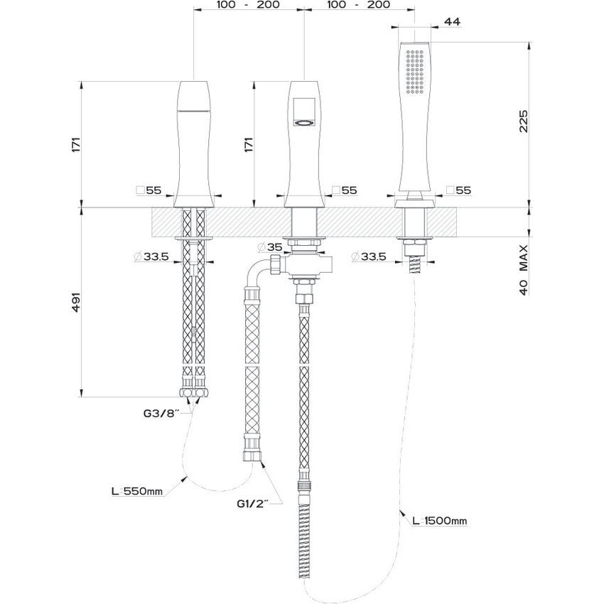 Immagine di Gessi MIMI gruppo bordo vasca 3 fori con bocca di erogazione, deviatore, flessibile 150 cm e doccetta anticalcare, finitura finox 31137#149