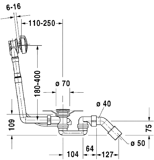 Immagine di Duravit Colonna di scarico per vasche D-Code con scarico laterale, con troppopieno, finitura cromo 790225000001000