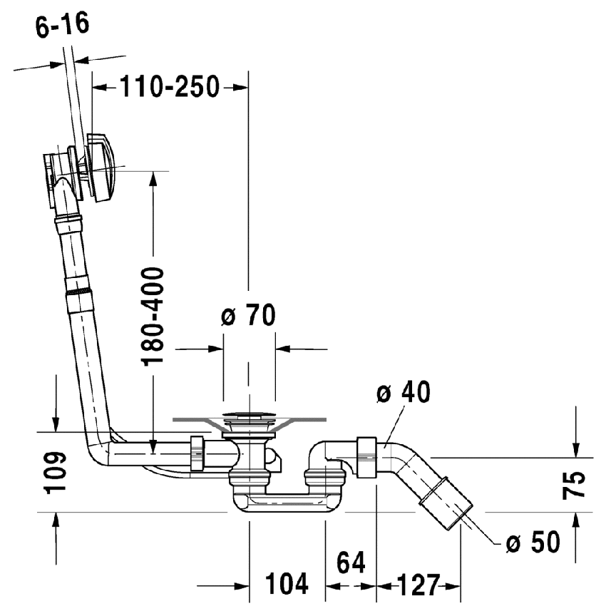 Immagine di Duravit Colonna di scarico per vasche D-Code con scarico laterale, con troppopieno, finitura cromo 790225000001000