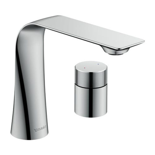 Immagine di Duravit XVIU composizione bagno sostegno metallico, champagne opaco con lavabo due fori, colore bianco + specchio con profilo champagne opaco + sifone, finitura cromo + gancio doppio portasciugamani, finitura cromo + rubinetto D.1, finitura cromo XV4715EB185-XV70420B1B1