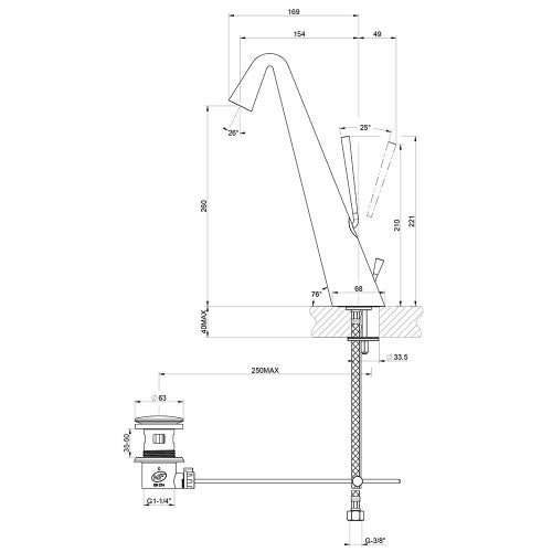 Immagine di Gessi CONO miscelatore lavabo H.33 cm, con scarico e flessibili di collegamento, finitura finox  45004#149