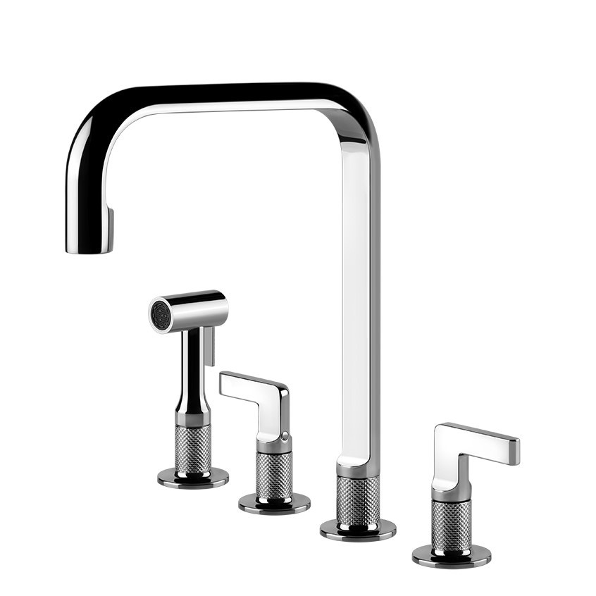Immagine di Gessi INCISO rubinetto 3 fori, con canna girevole, con doccetta estraibile mono getto, finitura copper PVD 58703#030