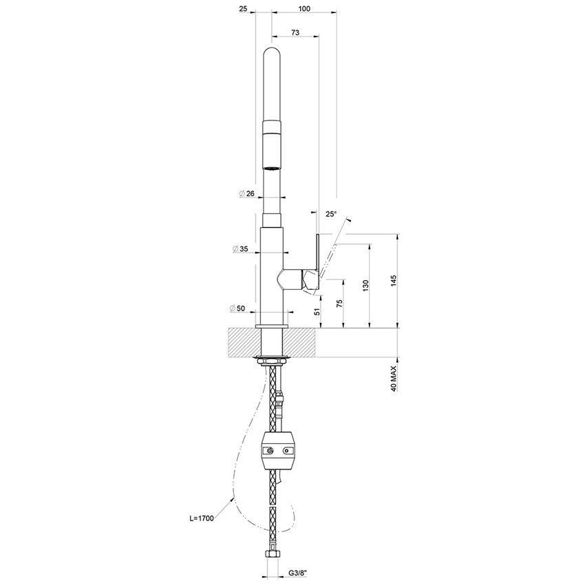 Immagine di Gessi MESH miscelatore monocomando, con canna girevole e doccetta estraibile mono getto, finitura finox / nero opaco 60003#599