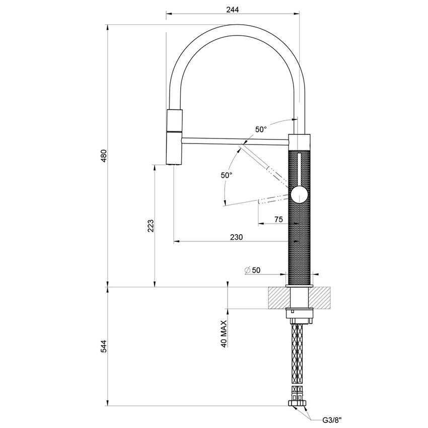 Immagine di Gessi 316 CESELLO miscelatore semi pro monocomando, con canna girevole e doccetta estraibile mono getto, finitura steel brushed 60014#239