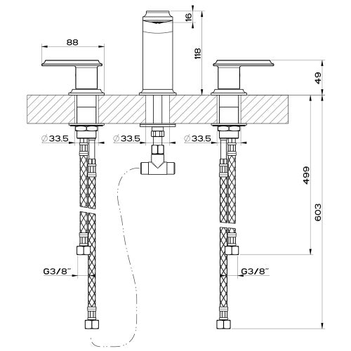 Immagine di Gessi ELEGANZA gruppo lavabo 3 fori, senza scarico, con flessibili di collegamento, finitura copper PVD 46011#030