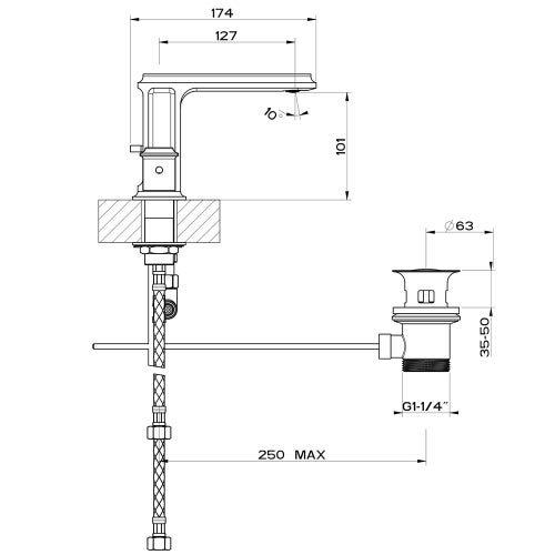 Immagine di Gessi ELEGANZA gruppo lavabo 3 fori, con scarico e flessibili di collegamento, finitura gold brushed CCP 46012#087
