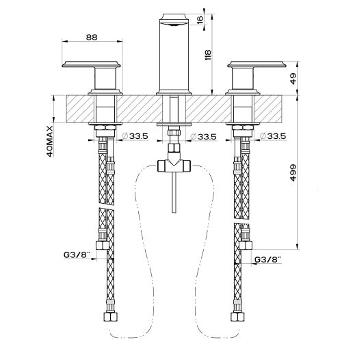 Immagine di Gessi ELEGANZA gruppo lavabo 3 fori, con scarico e flessibili di collegamento, finitura gold brushed CCP 46012#087