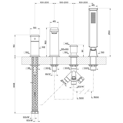 Immagine di Gessi ELEGANZA gruppo bordo vasca 4 fori, con bocca di erogazione, deviatore, flessibile 150 cm e doccetta anticalcare, finitura copper PVD 46037#030