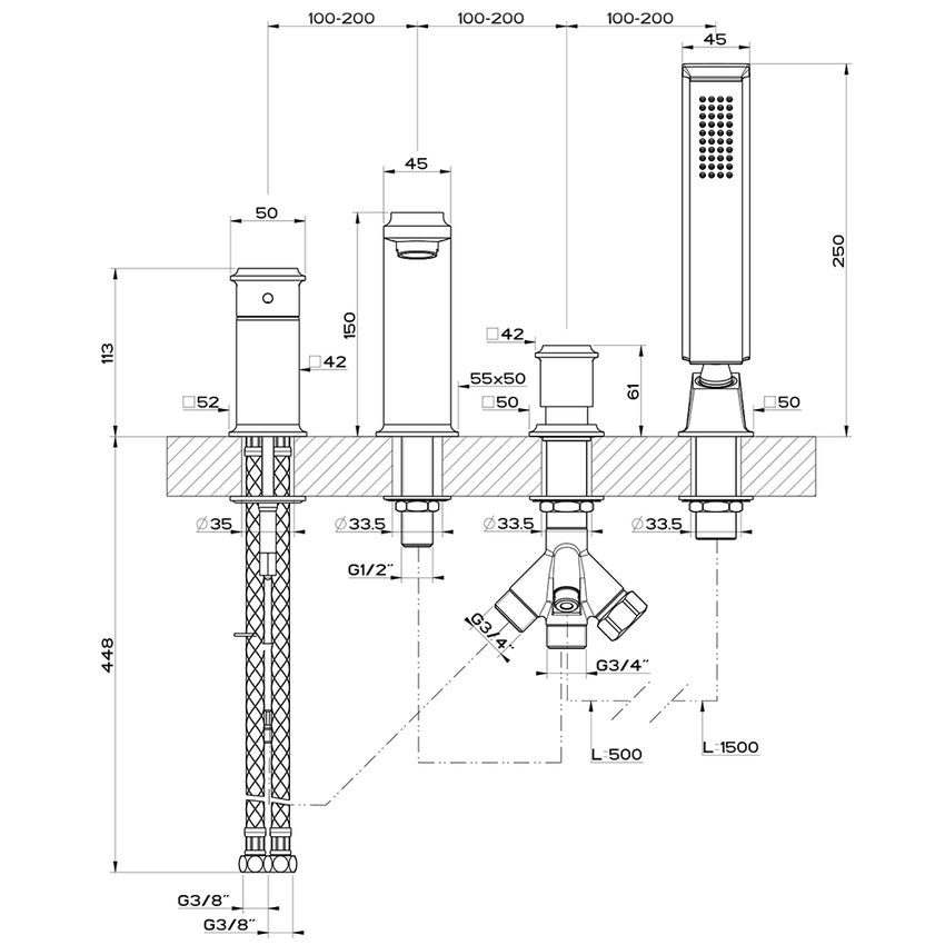 Immagine di Gessi ELEGANZA gruppo bordo vasca 4 fori, con bocca di erogazione, deviatore, flessibile 150 cm e doccetta anticalcare, finitura copper PVD 46037#030