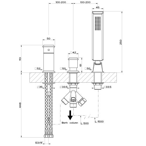Immagine di Gessi ELEGANZA gruppo bordo vasca 3 fori, con deviatore, flessibile 150 cm e doccetta anticalcare, finitura gold brushed CCP  46043#087