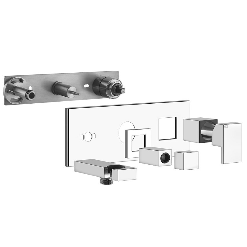 Immagine di Gessi RETTANGOLO SHOWER miscelatore doccia a parete 2 uscite, con deviatore, presa acqua e supporto doccetta, finitura cromo 44910#031