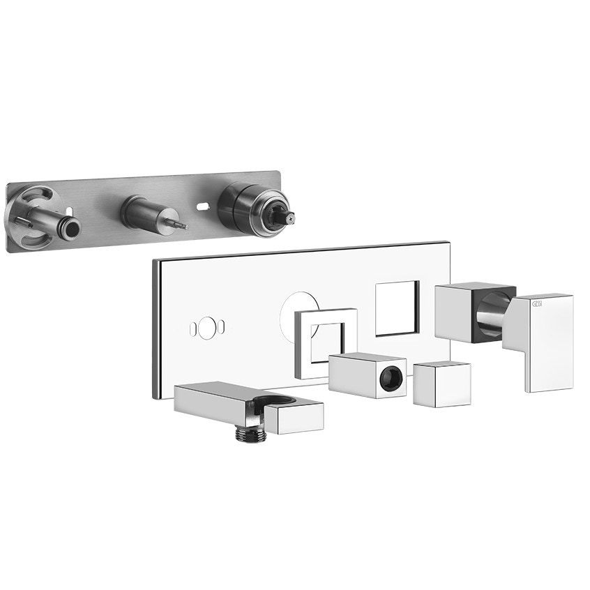 Immagine di Gessi RETTANGOLO SHOWER miscelatore doccia a parete 2 uscite, con deviatore, presa acqua e supporto doccetta, finitura copper brushed PVD 44911#708