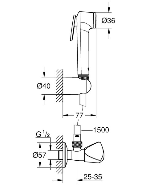 Immagine di Grohe TEMPESTA-F iroscopino 30 con supporto a parete, flessibile Silverflex Long-Life 150 cm e rubinetto a squadra, finitura cromo 26357000
