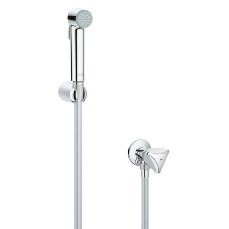 Immagine di Grohe TEMPESTA-F idroscopino 30 con supporto manopola doccia, flessibile Silverflex Long-Life 125 cm e rubinetto a squadra, finitura cromo 27514001