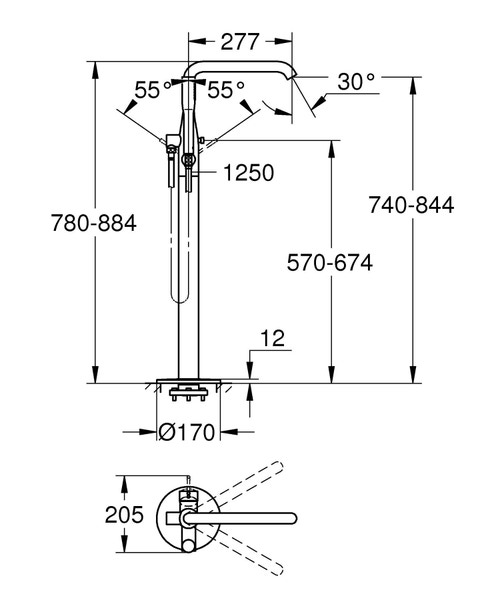 Immagine di Grohe Essence Rubinetto per vasca con installazione a pavimento con manopola doccia GROHE Euphoria Cosmopolitan Stick, raggio di rotazione regolabile di 0°/150°/360°, AquaGuide finitura cromo 23491001
