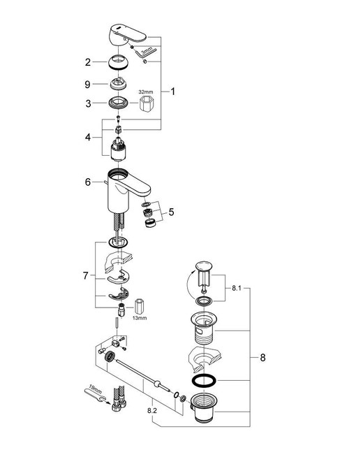 Immagine di Grohe EUROSMART COSMOPOLITAN miscelatore monocomando H.15 cm, per lavabo, con scarico, finitura cromo 32825000
