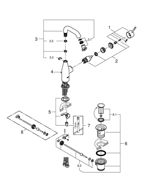 Immagine di Grohe Essence Rubinetto per lavabo, scarico a saltarello, bocca medio-alta, raggio di rotazione regolabile di 0°/150°/360°, GROHE EcoJoy® finitura cromo 23462001