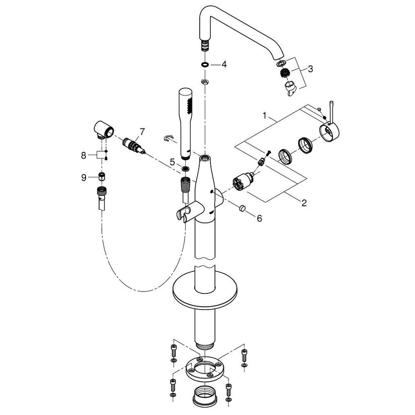 Immagine di Grohe Essence Rubinetto per vasca con installazione a pavimento con manopola doccia GROHE Euphoria Cosmopolitan Stick, raggio di rotazione regolabile di 0°/150°/360°, AquaGuide finitura cromo 23491001