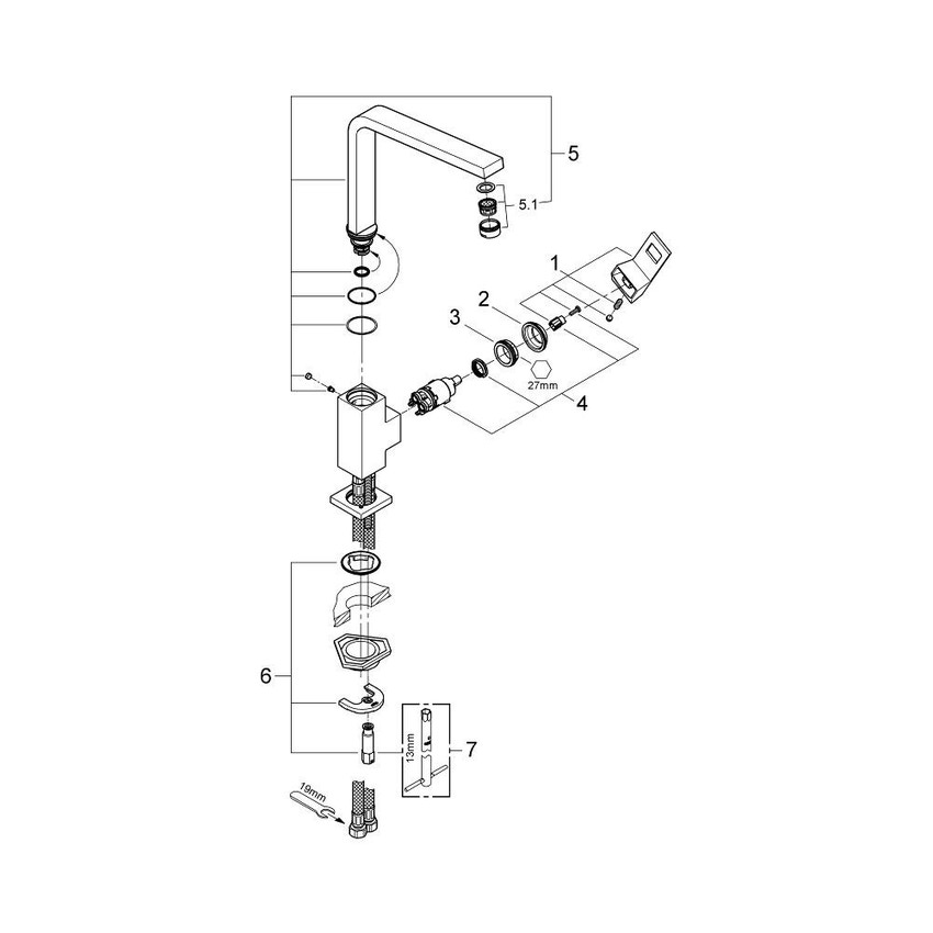 Immagine di Grohe EUROCUBE miscelatore monocomando H.31 cm per lavello, con bocca girevole, finitura cromo 31255000