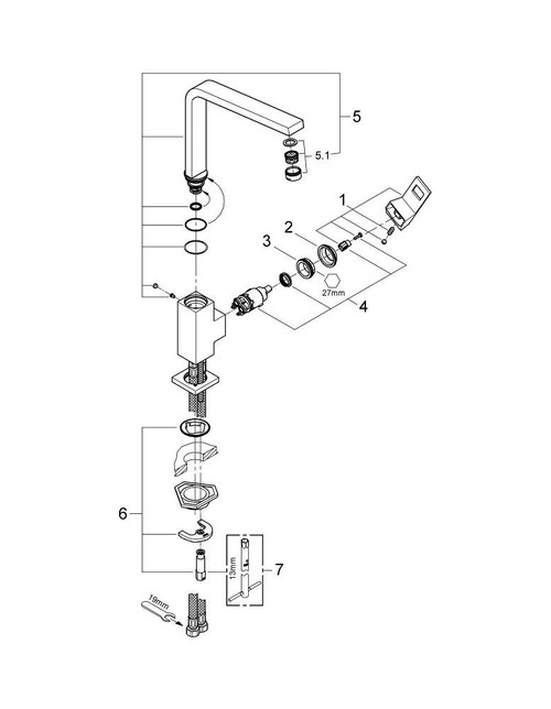 Immagine di Grohe EUROCUBE miscelatore monocomando H.31 cm per lavello, con bocca girevole, finitura satinato super steel 31255DC0