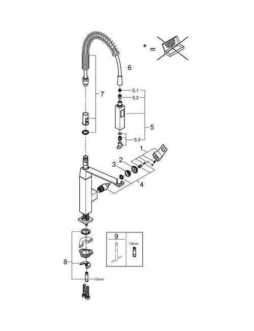 Immagine di Grohe EUROCUBE miscelatore monocomando H.55 cm per lavello professional, doccetta professionale, con bocca girevole, finitura cromo 31395000