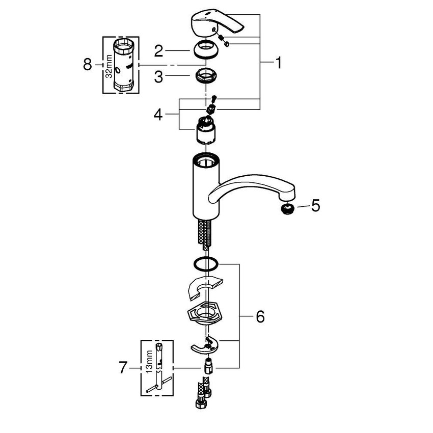 Eurosmart New Miscelatore rubinetto Monocomando Lavello, bocca alta, raggio  di rotazione 0°/150°/360°, GROHE StarLight finitura cromo 33202002