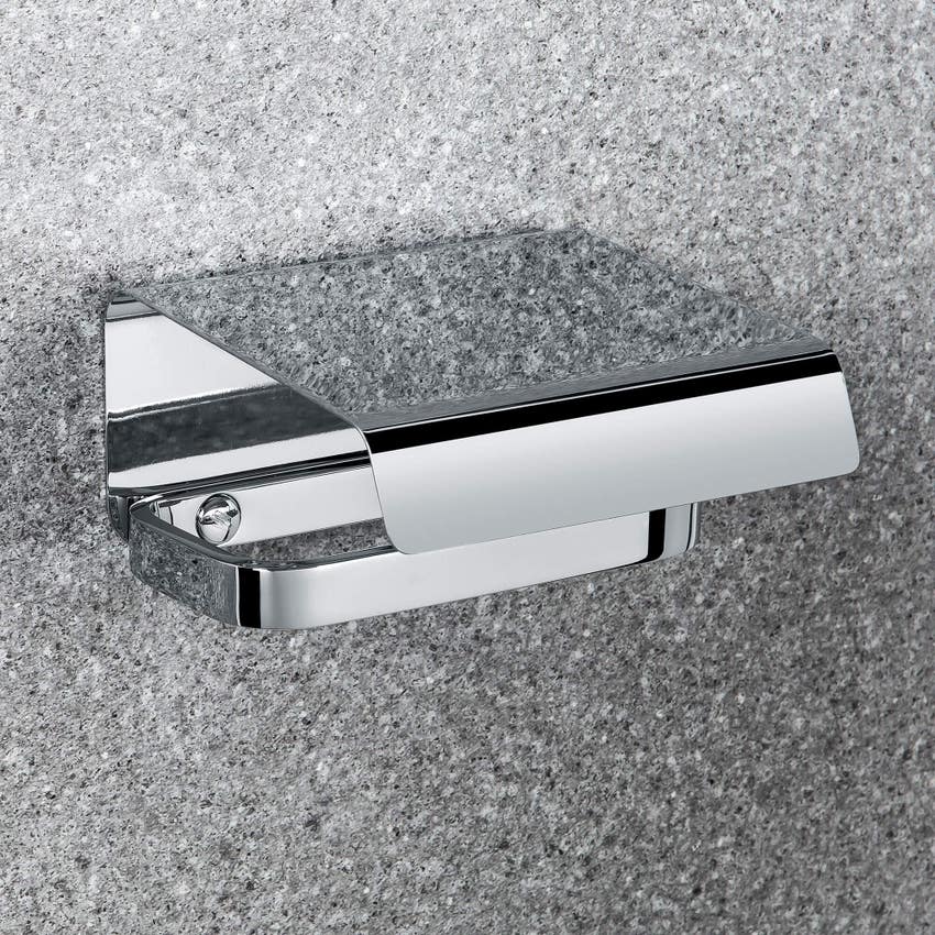 Immagine di Colombo Design TIME set a muro con porta scopino, porta rotolo coperto, appenditutto, porta salviette reversibile e dispenser sapone, finitura cromo SETTI002