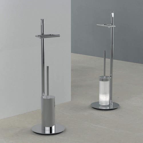 Immagine di Colombo Design PLANETS piantana con porta rotolo e porta scopino sospeso in vetro acidato, finitura cromo B98160CR