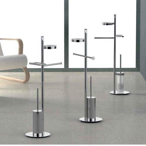 Immagine di Colombo Design PLANETS colonna con porta sapone, porta salvietta, porta rotolo, porta scopino in vetro acidato, finitura cromo B98220CR