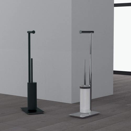 Immagine di Colombo Design SQUARE piantana con porta rotolo e porta scopino sospeso in vetro acidato, finitura cromo B99040CR