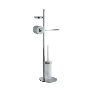 Immagine di Colombo Design PLANETS piantana orientabile con porta sapone, porta salvietta, porta rotolo e porta scopino sospeso in vetro acidato, finitura cromo B98430CR-VAN