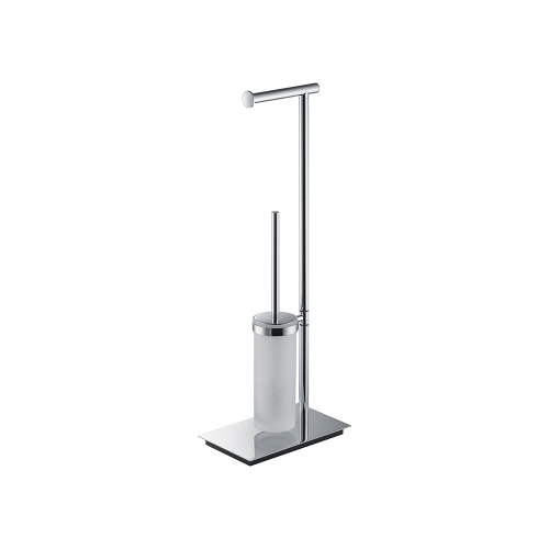 Immagine di Colombo Design SQUARE piantana con porta rotolo e porta scopino sospeso in vetro acidato, finitura cromo B99040CR