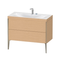 Immagine di Duravit XVIU lavabo consolle c-bonded, con base sottolavabo a pavimento 100 cm, profilo colore champagne, lavabo consolle Viu incluso, senza troppopieno, con bordo per rubinetteria, finitura rovere spazzolato XV4711EB112C