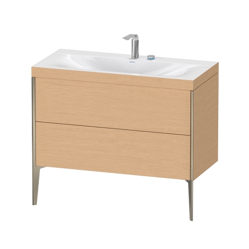 Immagine di Duravit XVIU lavabo consolle c-bonded, con base sottolavabo a pavimento 100 cm, profilo colore champagne, lavabo consolle Viu incluso, senza troppopieno, con bordo per rubinetteria, finitura rovere spazzolato XV4711EB112C