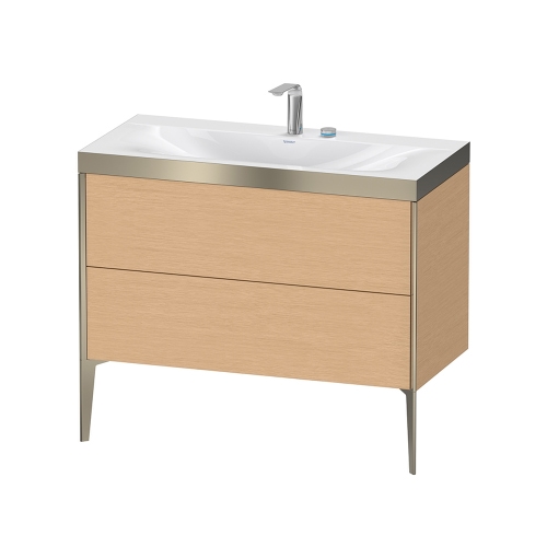 Immagine di Duravit XVIU lavabo consolle c-bonded, con base sottolavabo a pavimento 100 cm, profilo colore champagne, lavabo consolle Viu incluso, senza troppopieno, con bordo per rubinetteria, finitura rovere spazzolato XV4711EB112P