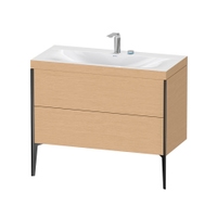 Immagine di Duravit XVIU lavabo consolle c-bonded, con base sottolavabo a pavimento 100 cm, profilo colore nero, lavabo consolle Viu incluso, senza troppopieno, con bordo per rubinetteria, finitura rovere spazzolato XV4711EB212C