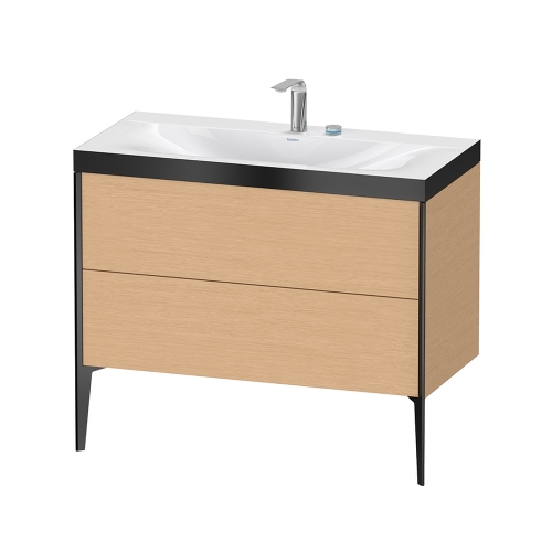 Immagine di Duravit XVIU lavabo consolle c-bonded, con base sottolavabo a pavimento 100 cm, profilo colore nero, lavabo consolle Viu incluso, senza troppopieno, con bordo per rubinetteria, finitura rovere spazzolato XV4711EB212P