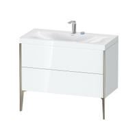 Immagine di Duravit XVIU lavabo consolle c-bonded, con base sottolavabo a pavimento 100 cm, profilo colore champagne, lavabo consolle Viu incluso, senza troppopieno, con bordo per rubinetteria, colore bianco finitura lucido XV4711EB185C