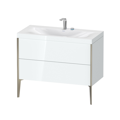 Immagine di Duravit XVIU lavabo consolle c-bonded, con base sottolavabo a pavimento 100 cm, profilo colore champagne, lavabo consolle Viu incluso, senza troppopieno, con bordo per rubinetteria, colore bianco finitura lucido XV4711EB185C