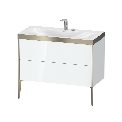 Immagine di Duravit XVIU lavabo consolle c-bonded, con base sottolavabo a pavimento 100 cm, profilo colore champagne, lavabo consolle Viu incluso, senza troppopieno, con bordo per rubinetteria, colore bianco finitura lucido XV4711EB185P