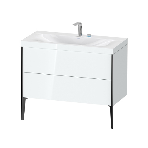Immagine di Duravit XVIU lavabo consolle c-bonded, con base sottolavabo a pavimento 100 cm, profilo colore nero, lavabo consolle Viu incluso, senza troppopieno, con bordo per rubinetteria, colore bianco finitura lucido XV4711EB285C