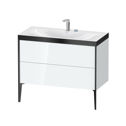 Immagine di Duravit XVIU lavabo consolle c-bonded, con base sottolavabo a pavimento 100 cm, profilo colore nero, lavabo consolle Viu incluso, senza troppopieno, con bordo per rubinetteria, colore bianco finitura lucido XV4711EB285P