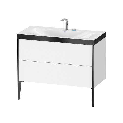Immagine di Duravit XVIU lavabo consolle c-bonded, con base sottolavabo a pavimento 100 cm, profilo colore nero, lavabo consolle Viu incluso, senza troppopieno, con bordo per rubinetteria, colore bianco finitura opaco XV4711EB218P